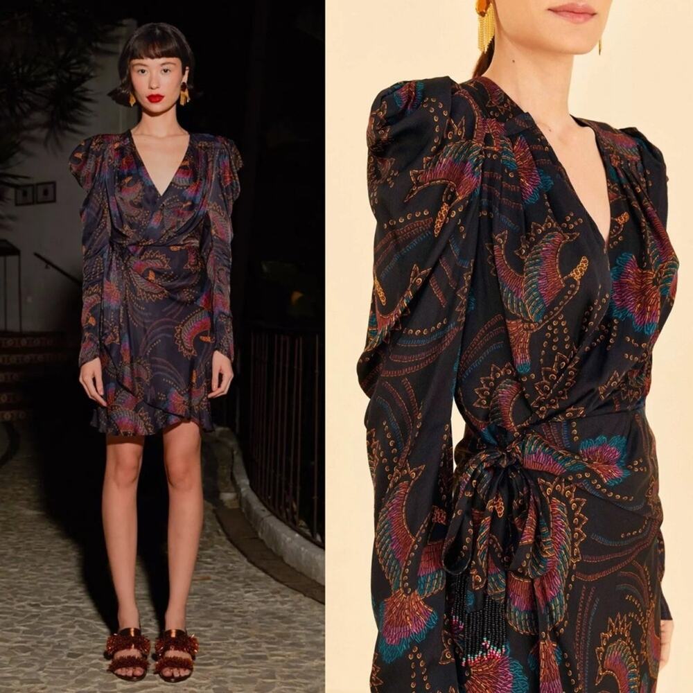 FARM Rio Black Mini Dress with Multicolor Paisley Print